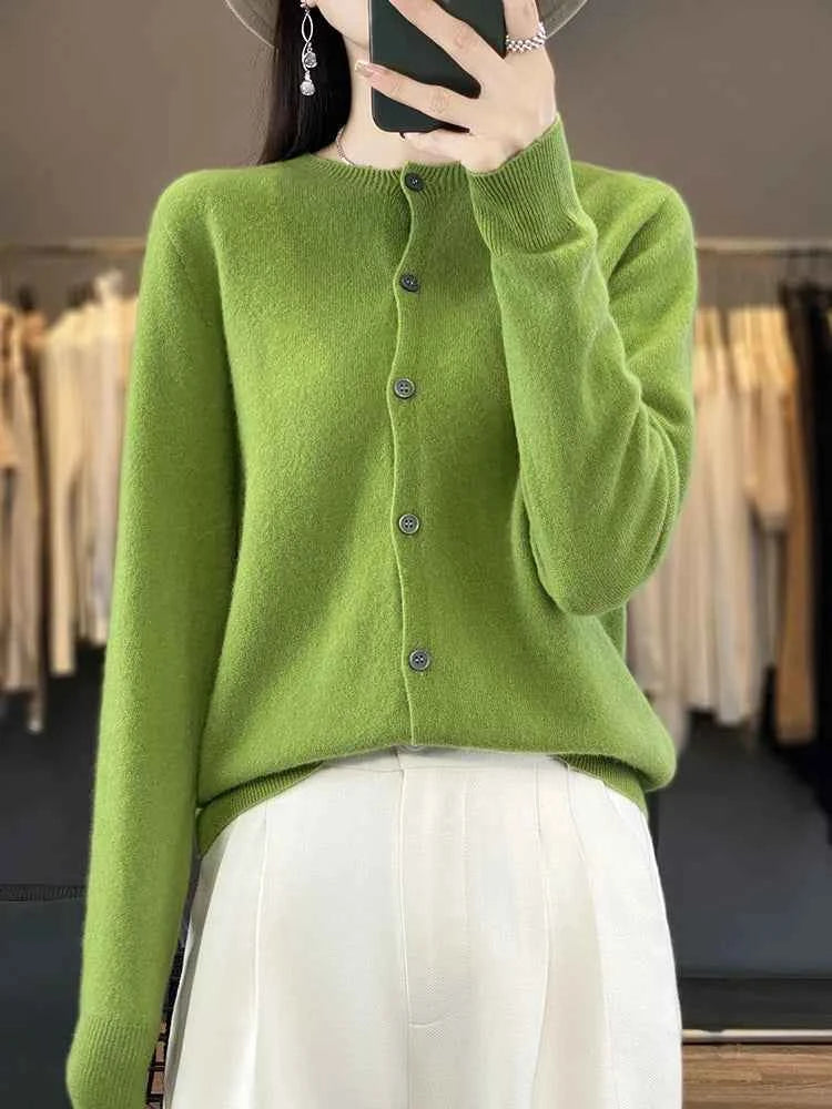 100% Merino Wool Sweater Women O-Neck Cardigan Basic Style Buttoned Knitwear Female Casual Autumn Winter Soft Tops