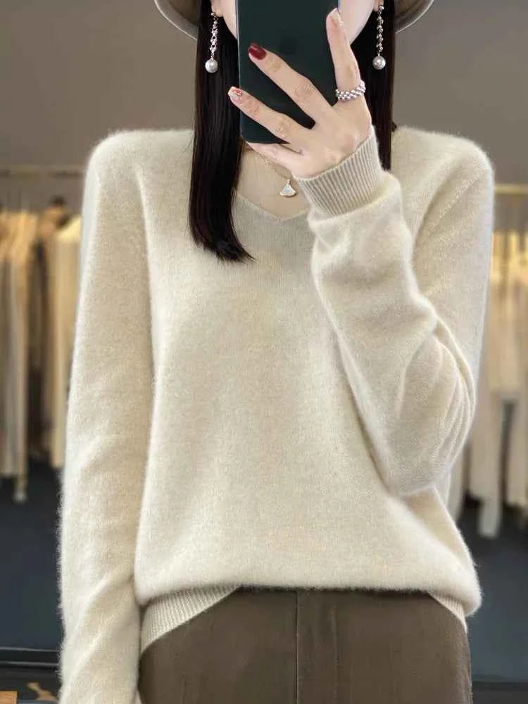 Fashion100% Merino Wool Sweater Cashmere Pullover Women Knitwear V-Neck Long Sleeve Autumn Winter Fashion Basic Clothing Tops
