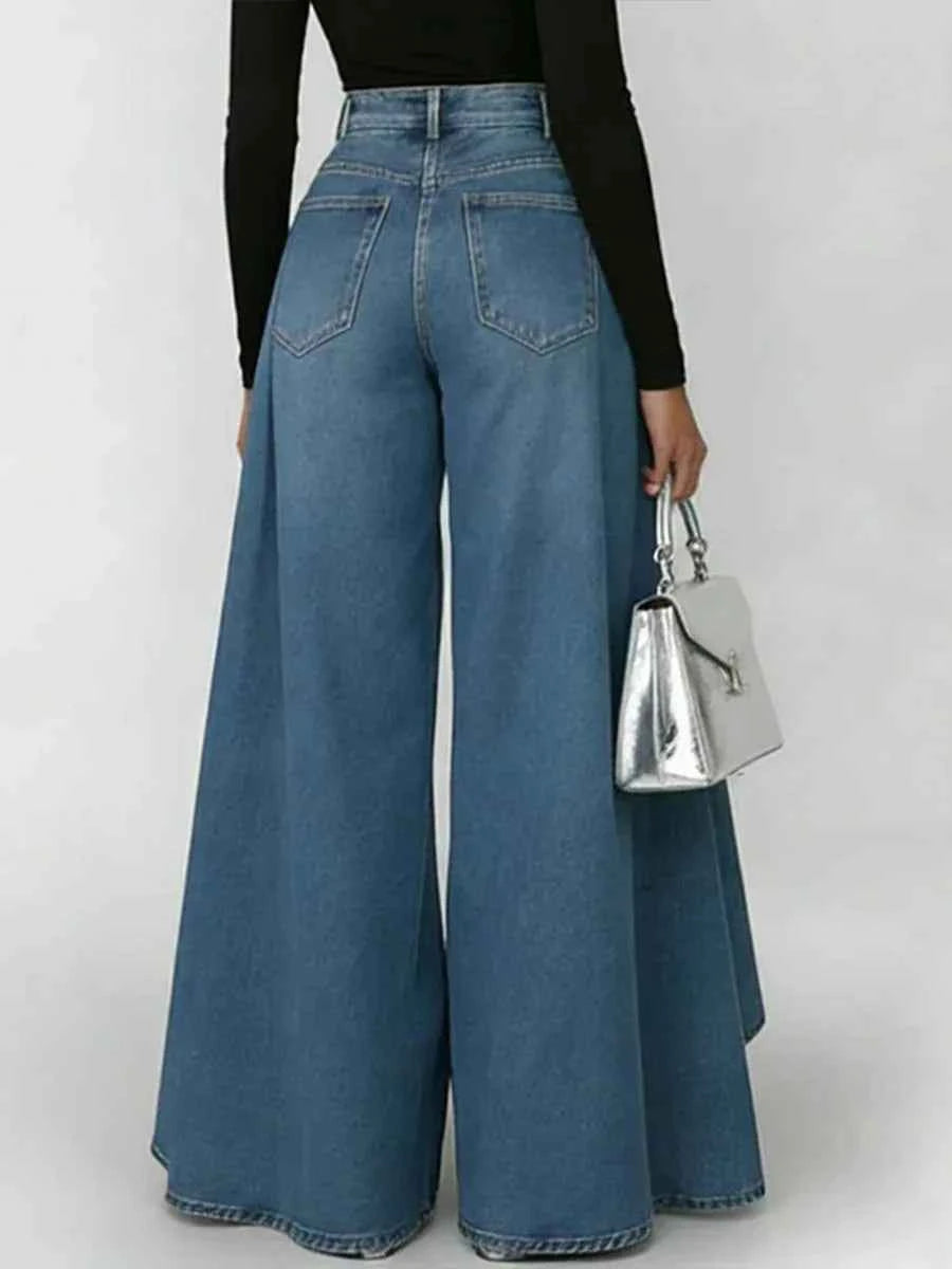 High Waisted Wide Leg Jeans For Women Asymmetrical Hem Loose Fit Denim Pants Streetwear Fashion With Pockets Casual Trousers