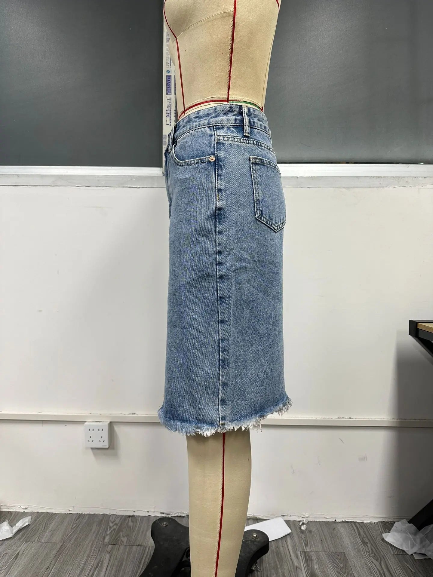Women Slit Denim Half Skirt Hand Frayed Tassel Raw Edge Skirt Vintage Retro Korean Jean Long Office Lady Slim Fit High Waisted GONZALES ONLINE SHOP