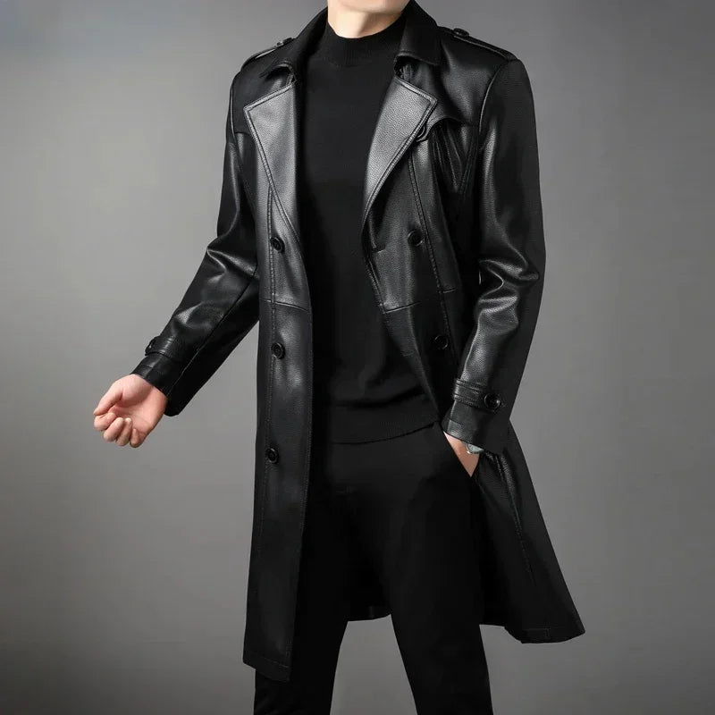 Genuine Leather Jacket Men Mid-length Windbreaker Autumn Winter Casual Jackets Suit Collar Double-breasted Coats Jaqueta - GONZALES ONLINE SHOP