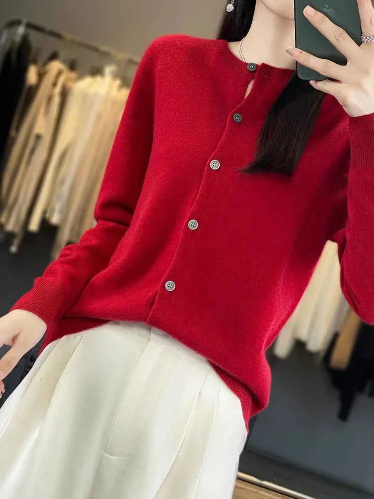 100% Merino Wool Sweater Women O-Neck Cardigan Basic Style Buttoned Knitwear Female Casual Autumn Winter Soft Tops