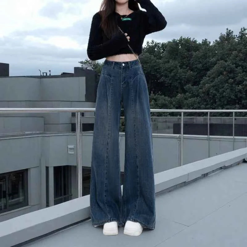Retro Wide-leg Jeans in Spring Summer and Autumn New High-waist Loose Slim Casual and Versatile Floor Straight Trousers
