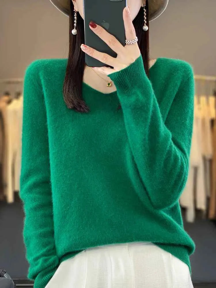 Fashion100% Merino Wool Sweater Cashmere Pullover Women Knitwear V-Neck Long Sleeve Autumn Winter Fashion Basic Clothing Tops
