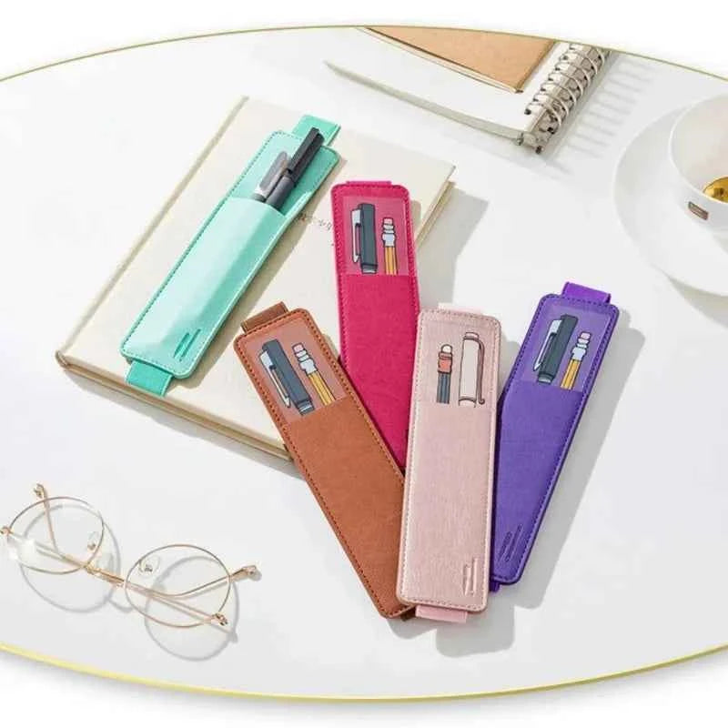 Pu Leather Pen Bag Elastic Buckle Book Notebook Fashion School Pen Case for Office Meeting Easy Carry Office Student Stationery
