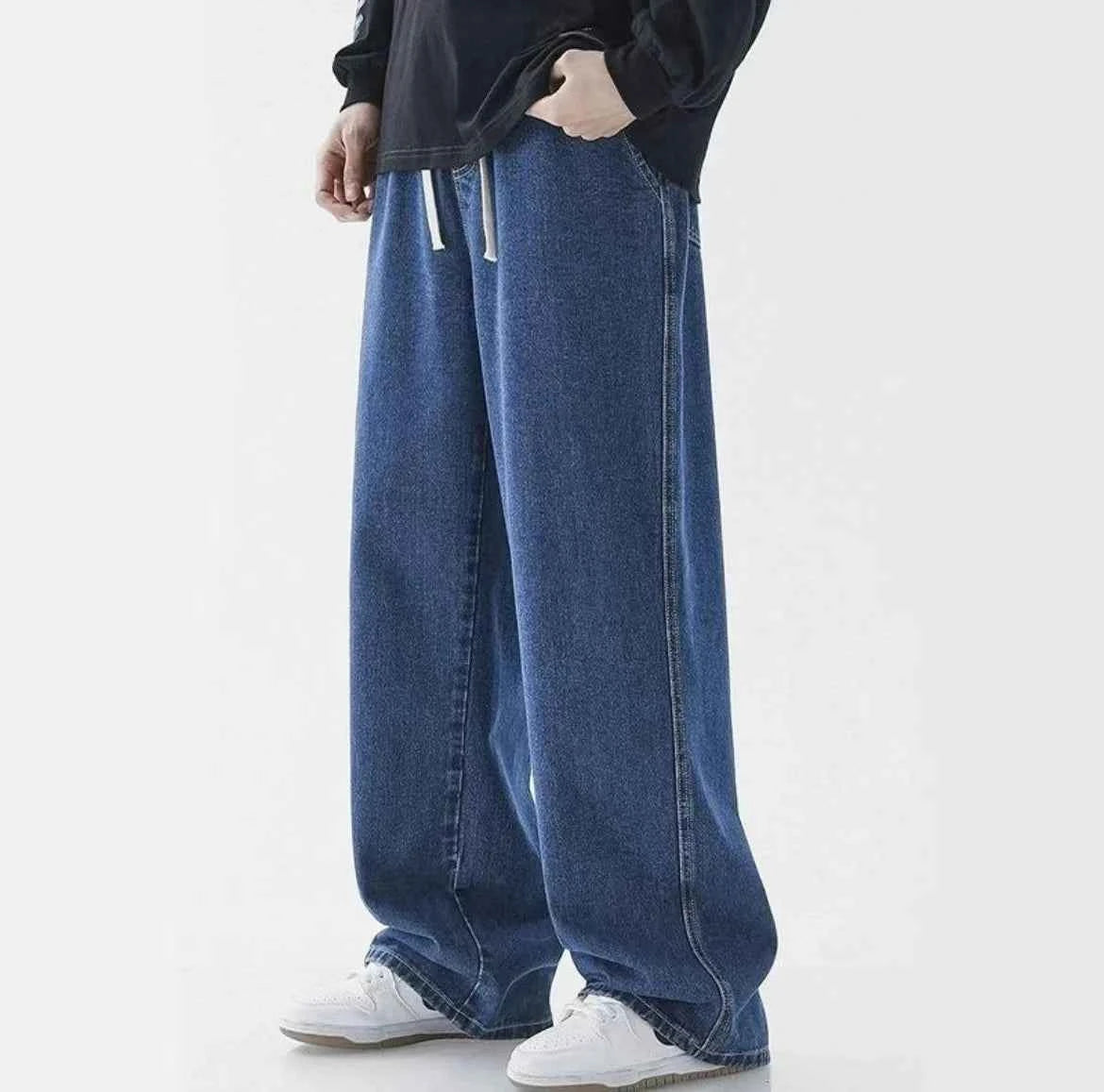 2026 Spring Drawstring Elastic Waist Men's Jeans Straight Wide Leg Loose Trend Casual Pants Pants