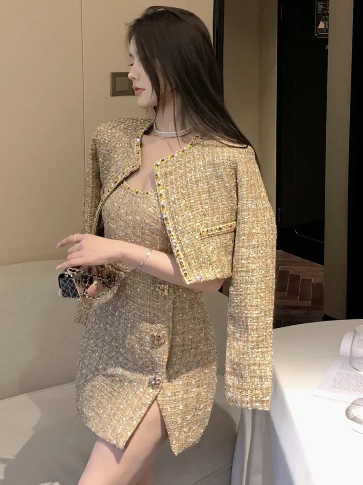 High Street French Small Fragrant Tweed Two Piece Set Women Woolen Jacket Coat + Dress Suits Autumn Winter Luxury 2 Piece Outfit - GONZALES ONLINE SHOP