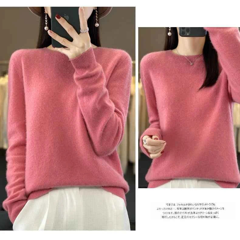 100% Merino Wool Sweater Women O-neck Cashmere Knitwear Female Pullover Autumn Winter Casual Tops Solid Color Soft Clothing