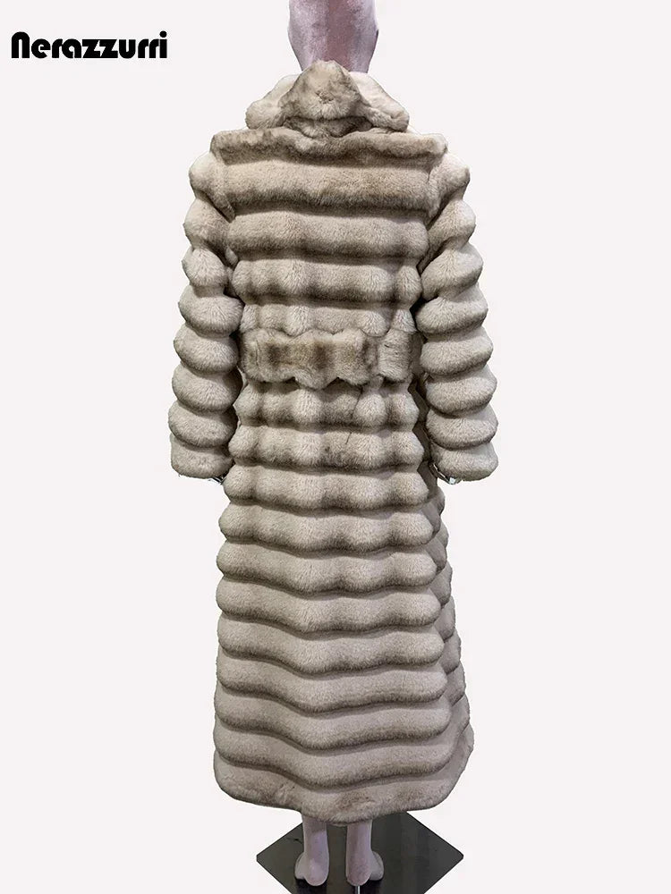 Nerazzurri Winter Long Striped Thick Warm Fluffy Faux Chinchilla Fur Coat Women Shawl Collar Elegant Chic Luxury Furry Overcoat - GONZALES ONLINE SHOP