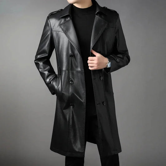 Genuine Leather Jacket Men Mid-length Windbreaker Autumn Winter Casual Jackets Suit Collar Double-breasted Coats Jaqueta - GONZALES ONLINE SHOP