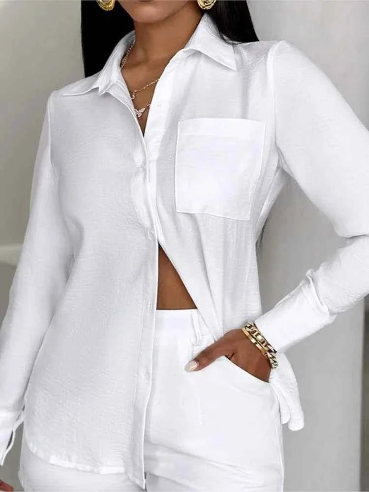 Fashion Two Piece Outfits Women's Turn-down Collar Pocket Design Button Shirt Top & Shorts Set New Summer Women Solid 2pcs Sets