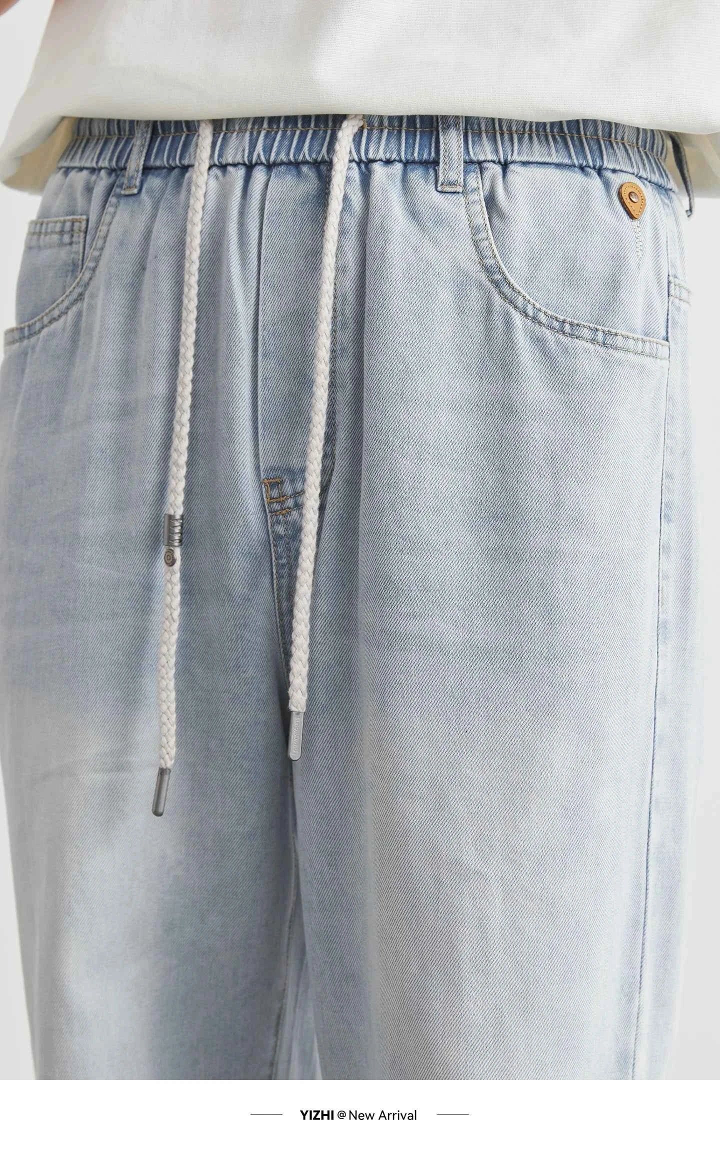 Fashion Men's Drawstring Elastic Waist Street Style Drape Jeans 2025 Summer Light Blue Washed Loose Straight Casual Pants
