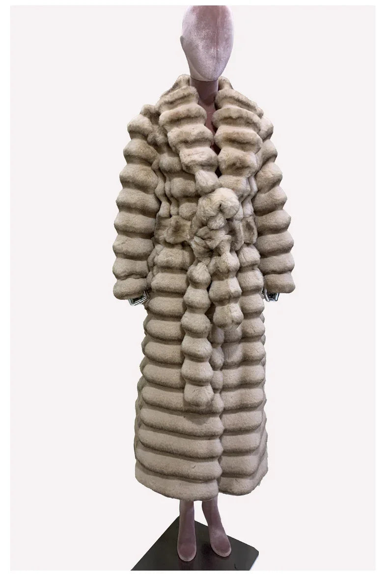 Nerazzurri Winter Long Striped Thick Warm Fluffy Faux Chinchilla Fur Coat Women Shawl Collar Elegant Chic Luxury Furry Overcoat - GONZALES ONLINE SHOP