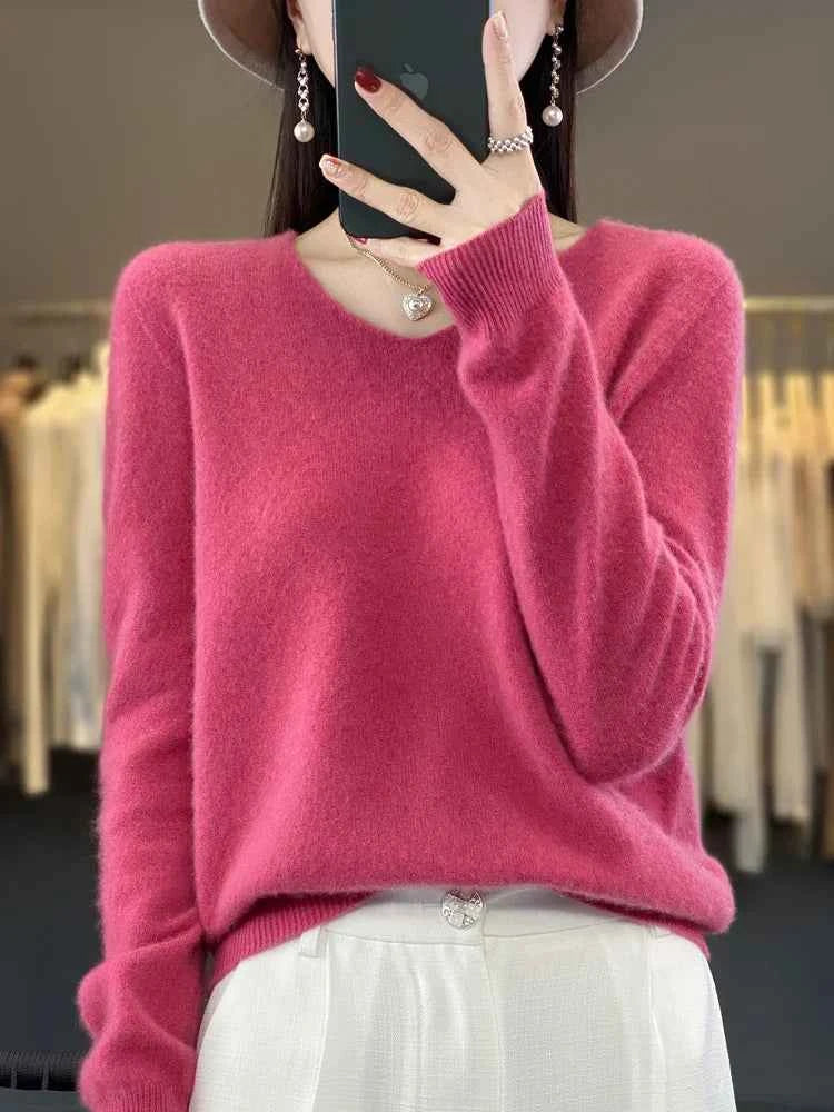 Fashion100% Merino Wool Sweater Cashmere Pullover Women Knitwear V-Neck Long Sleeve Autumn Winter Fashion Basic Clothing Tops