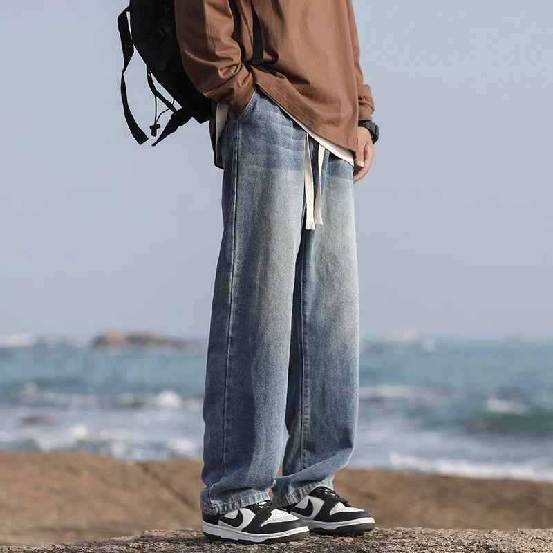 Men's summer loose straight leg pants with elastic drawstring, casual jeans, comfortable, fashionable and trendy jeans