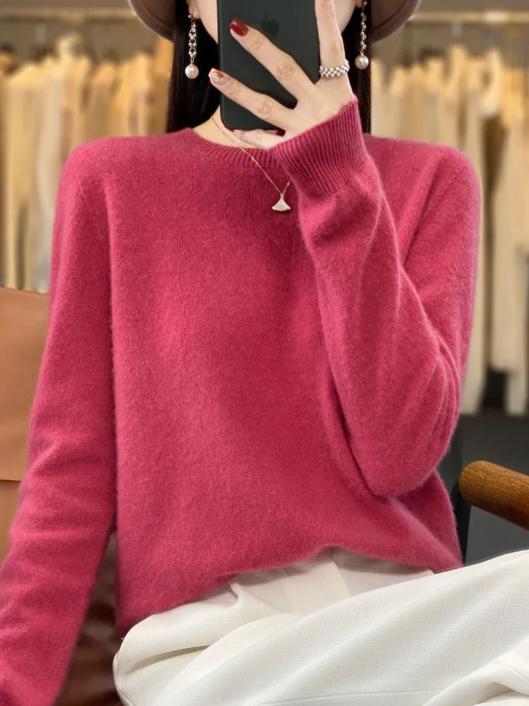 100% Merino Wool Sweater Women O-neck Cashmere Knitwear Female Pullover Autumn Winter Casual Tops Solid Color Soft Clothing GONZALES ONLINE SHOP