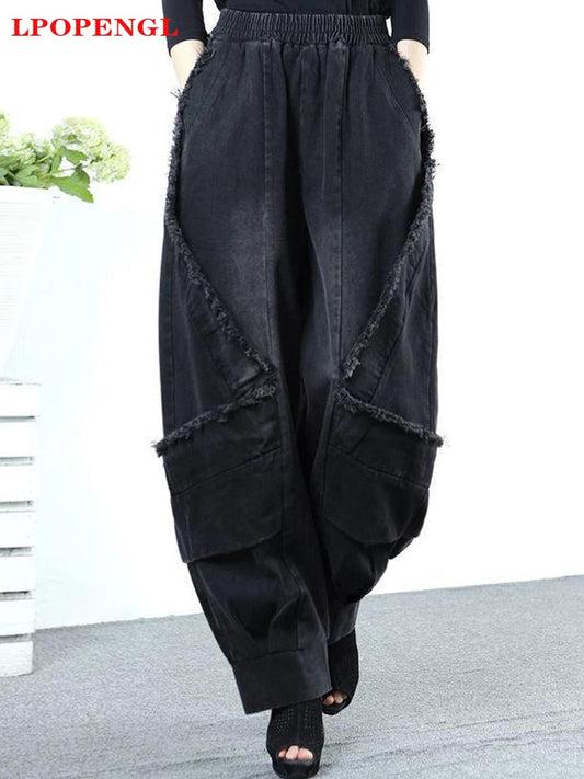 Black Wide-leg Jeans Harem Pants Loose Fashion Casual Full Length High Waist Patchwork Print Pocket Jeans Women Autumn Winter GONZALES ONLINE SHOP