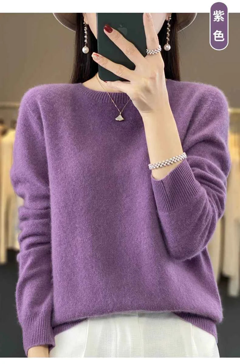 100% Merino Wool Sweater Women O-neck Cashmere Knitwear Female Pullover Autumn Winter Casual Tops Solid Color Soft Clothing