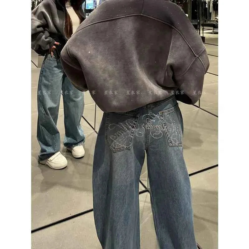 Loose Wide Leg Womens Jeans Casual Pants Trousers Vintage Retro Design American Style Chic Distressed Oversized Fashion