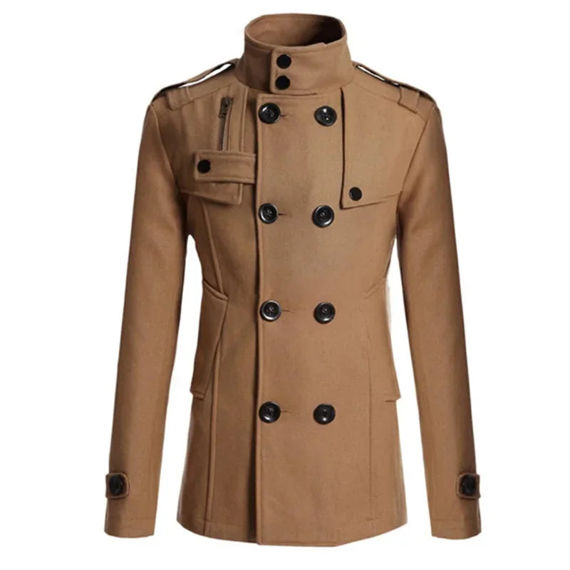 Men s Solid Color Trench Coat Long Sleeve Stand Collar Double Breasted Warm Soft Wool Overcoat - GONZALES ONLINE SHOP