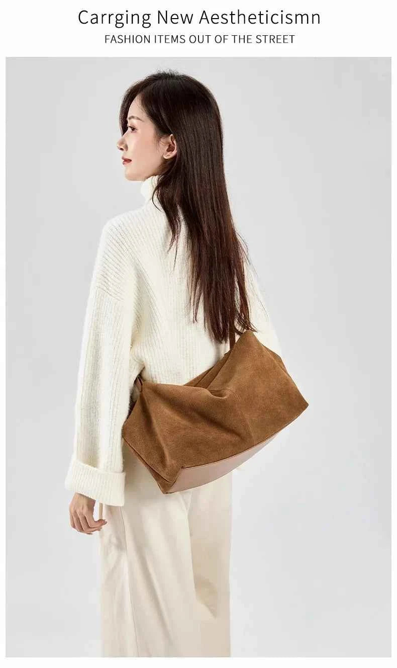 Women's Natural Nuede Genuine Leather Handbags Ladies large capacity Tote Bag Female Design Luxury Commuting Yoga Bag hobo bag