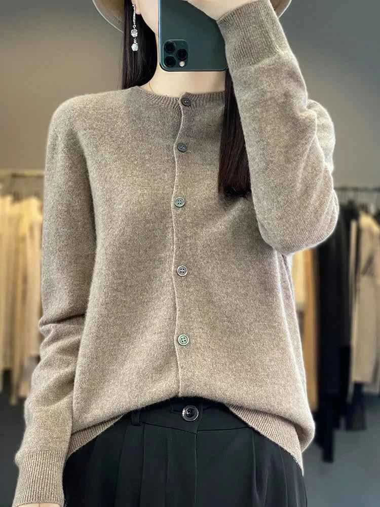 100% Merino Wool Sweater Women O-Neck Cardigan Basic Style Buttoned Knitwear Female Casual Autumn Winter Soft Tops