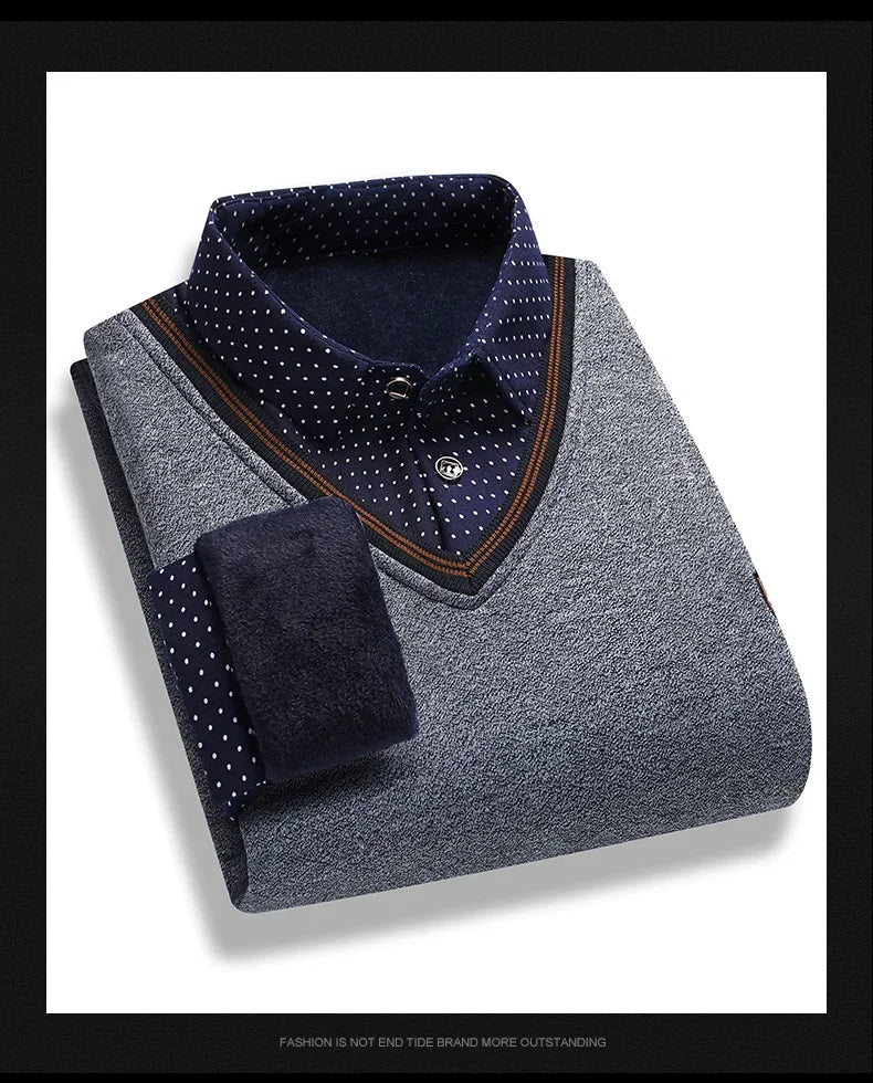 Men's Plush Sweater Autumn Winter Fake Two Piece Pullover Polo Shirt Collar Fleece Thick Warm Top Clothes Casual Jumpers GONZALES ONLINE SHOP