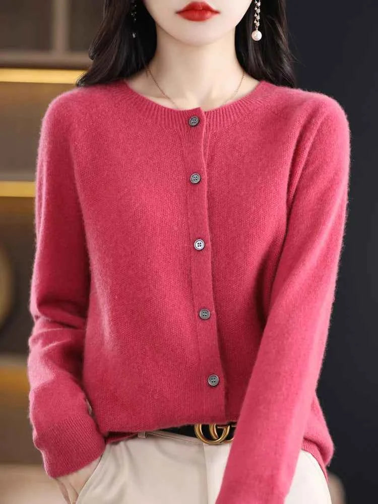 Women Cashmere Sweater 100% Merino Wool Knitted Cardigan Autumn Winter Knitwear O-Neck Female Solid Color Casual Fashion Top