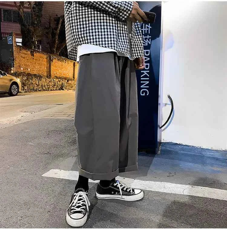 Wide Leg Pants Men Drape Straight Loose Harajuku Vintage Japan Style Ankle-length Trousers Cozy Versatile Black Pantalones Male