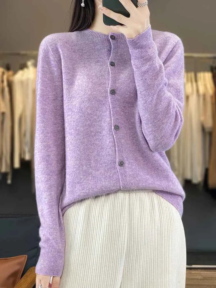 100% Merino Wool Sweater Women O-Neck Cardigan Basic Style Buttoned Knitwear Female Casual Autumn Winter Soft Tops