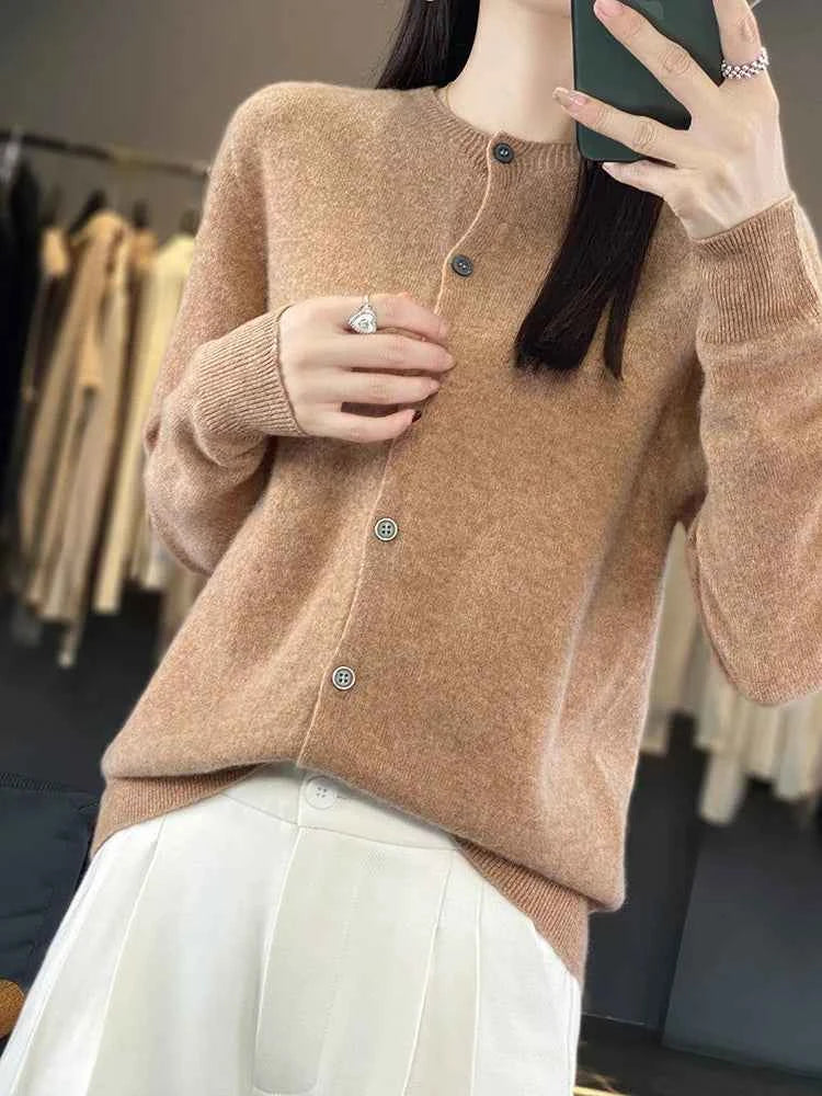 100% Merino Wool Sweater Women O-Neck Cardigan Basic Style Buttoned Knitwear Female Casual Autumn Winter Soft Tops