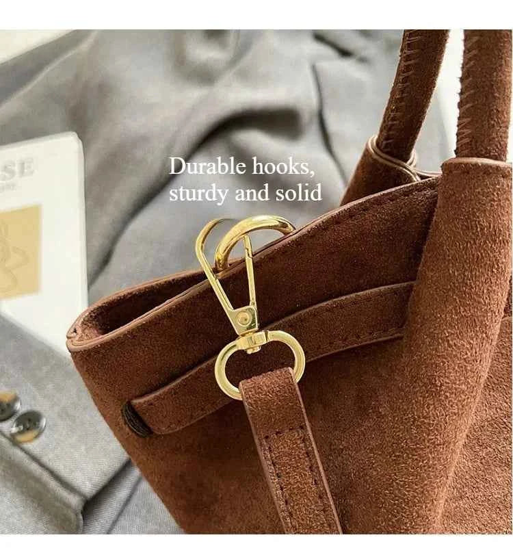 Matte Leather Suede Tote Handbags for Women Large Capacity Retro Shoulder Bag Fall Winter Belt Design Female Crossbody Bags