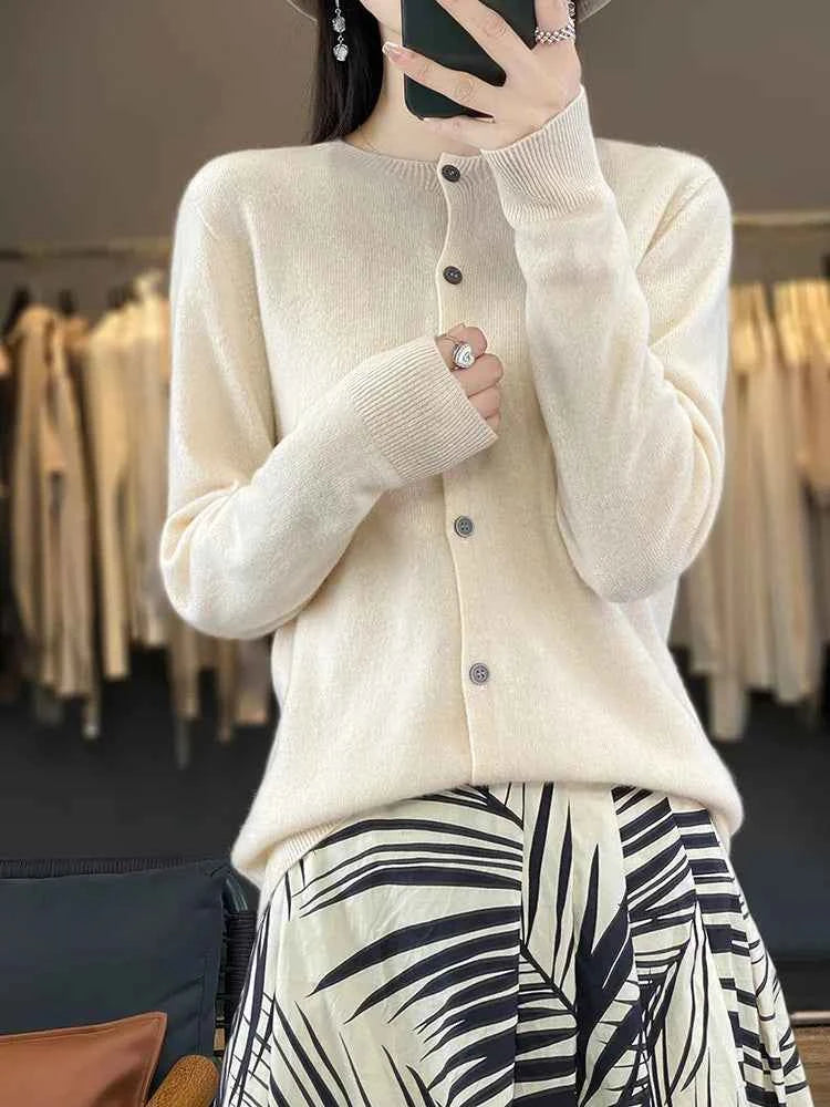 100% Merino Wool Sweater Women O-Neck Cardigan Basic Style Buttoned Knitwear Female Casual Autumn Winter Soft Tops