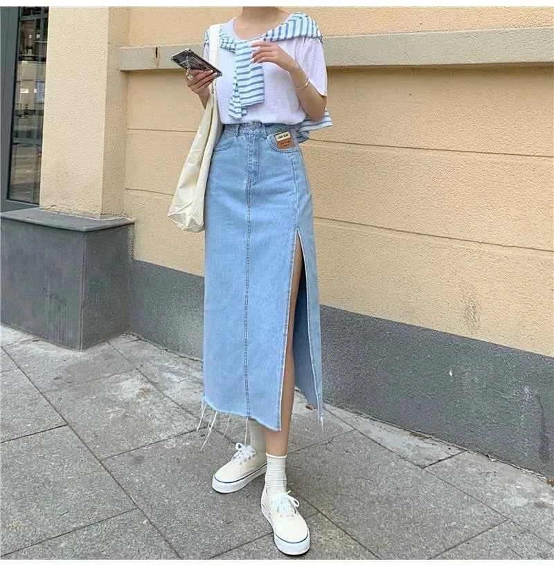 Streamgirl Maxi Jeans Skirt Women Denim Long Skirts Summer 2024 Vintage Maxi Skirt Side Split Denim Skirt Women Long Korean