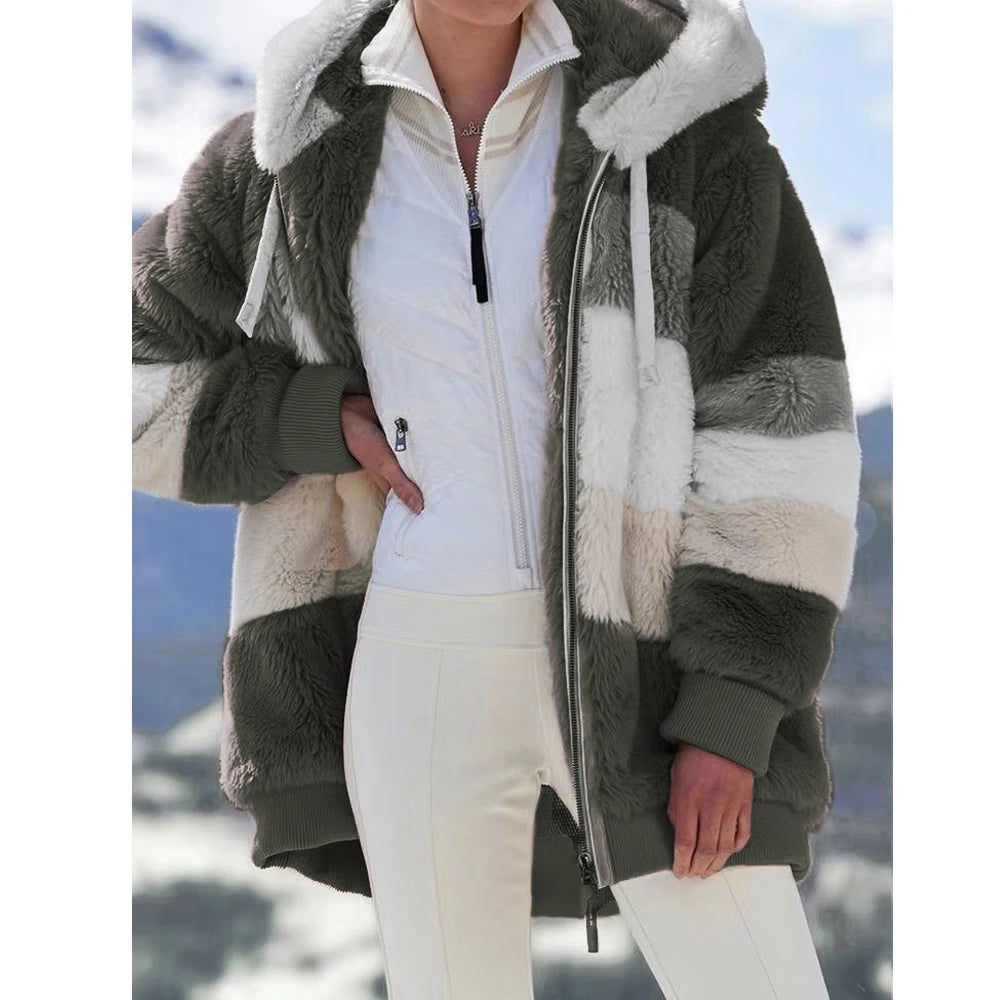 Oversized Jacket for Women Coat 2025 Autumn Winter Warm Plush Pocket Hooded Streetwear Loose Lady Zipper Cashmere Outerwear Coat GONZALES ONLINE SHOP