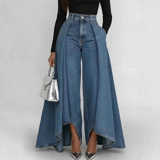 High Waisted Wide Leg Jeans For Women Asymmetrical Hem Loose Fit Denim Pants Streetwear Fashion With Pockets Casual Trousers