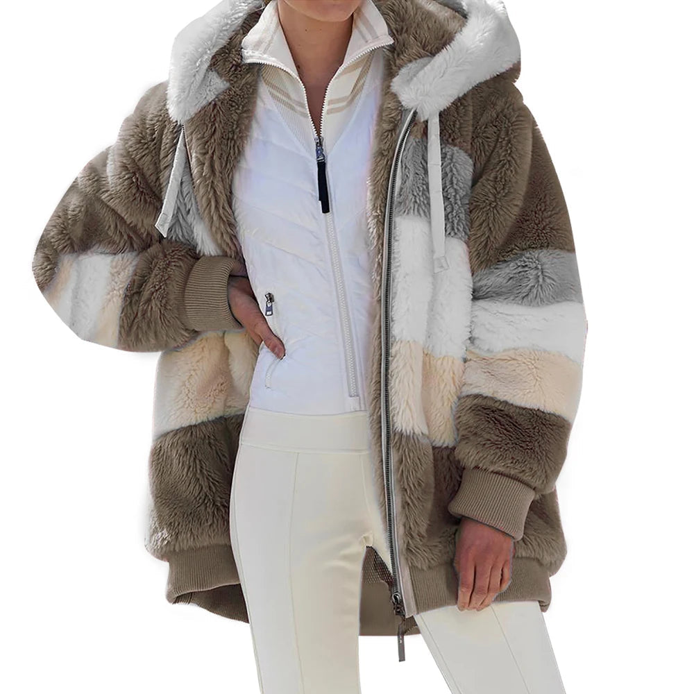 Oversized Jacket for Women Coat 2025 Autumn Winter Warm Plush Pocket Hooded Streetwear Loose Lady Zipper Cashmere Outerwear Coat GONZALES ONLINE SHOP