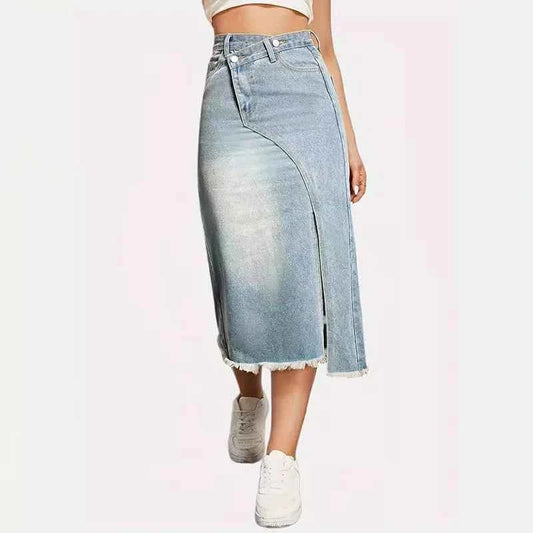 DongCMY Luxury Fashion Spring And Summer New Retro Denim Skirt Women's Fashion Slit Splicing Mid-length A-line Skirt