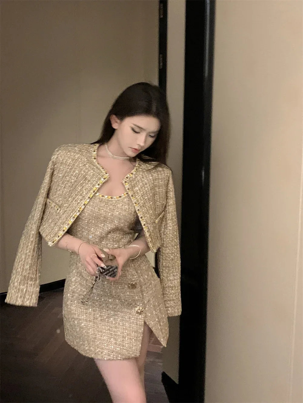 High Street French Small Fragrant Tweed Two Piece Set Women Woolen Jacket Coat + Dress Suits Autumn Winter Luxury 2 Piece Outfit - GONZALES ONLINE SHOP
