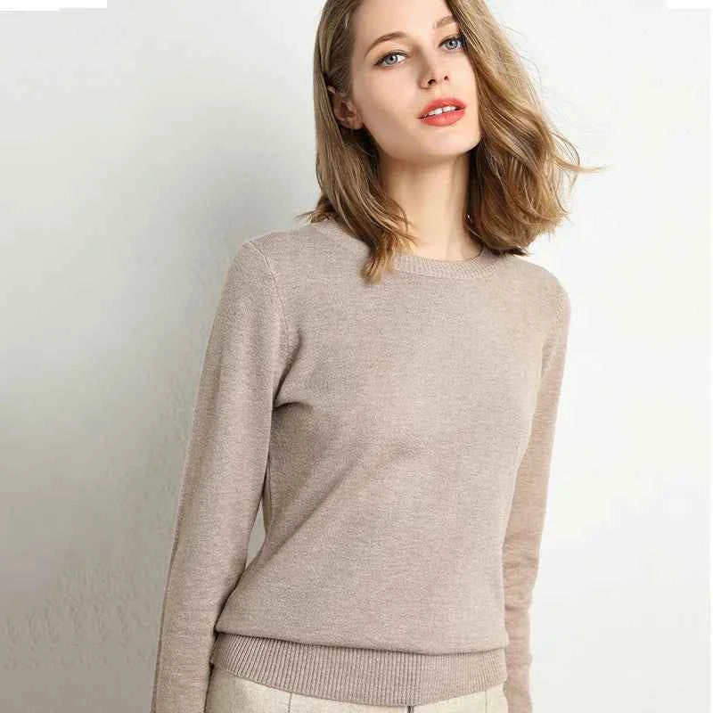 Women Slim O-Neck Solid Pullover Cashmere Wool Blending Sweater Autumn And Winter Long-Sleeved Knit Bottoming Shirt Large Size