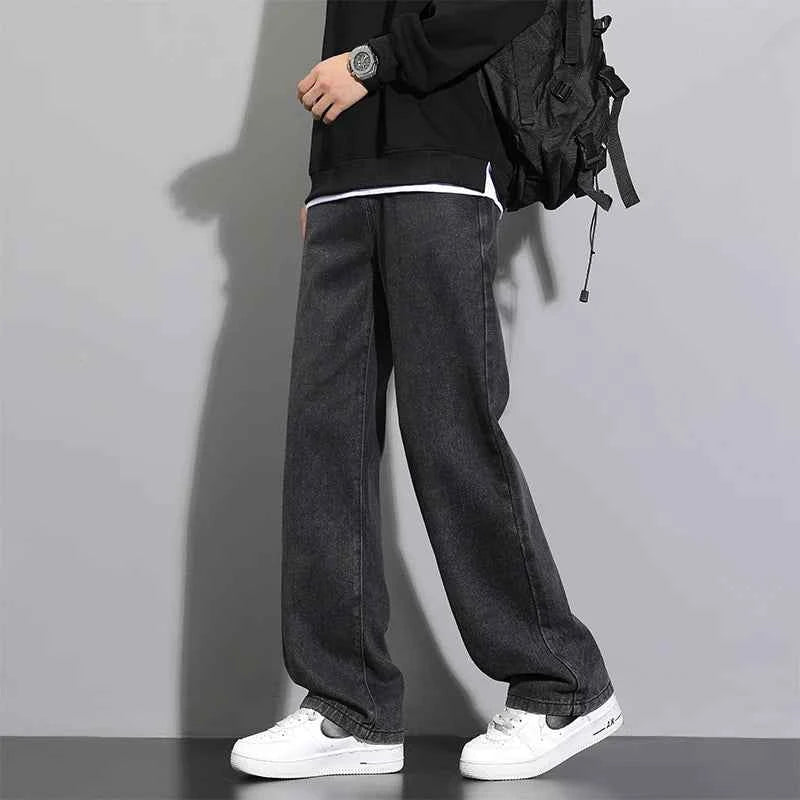 2026 New Korean Men's Casual Long Jeans Classic Man Straight Denim Wide-leg Pants Solid Color Light Blue Grey Black