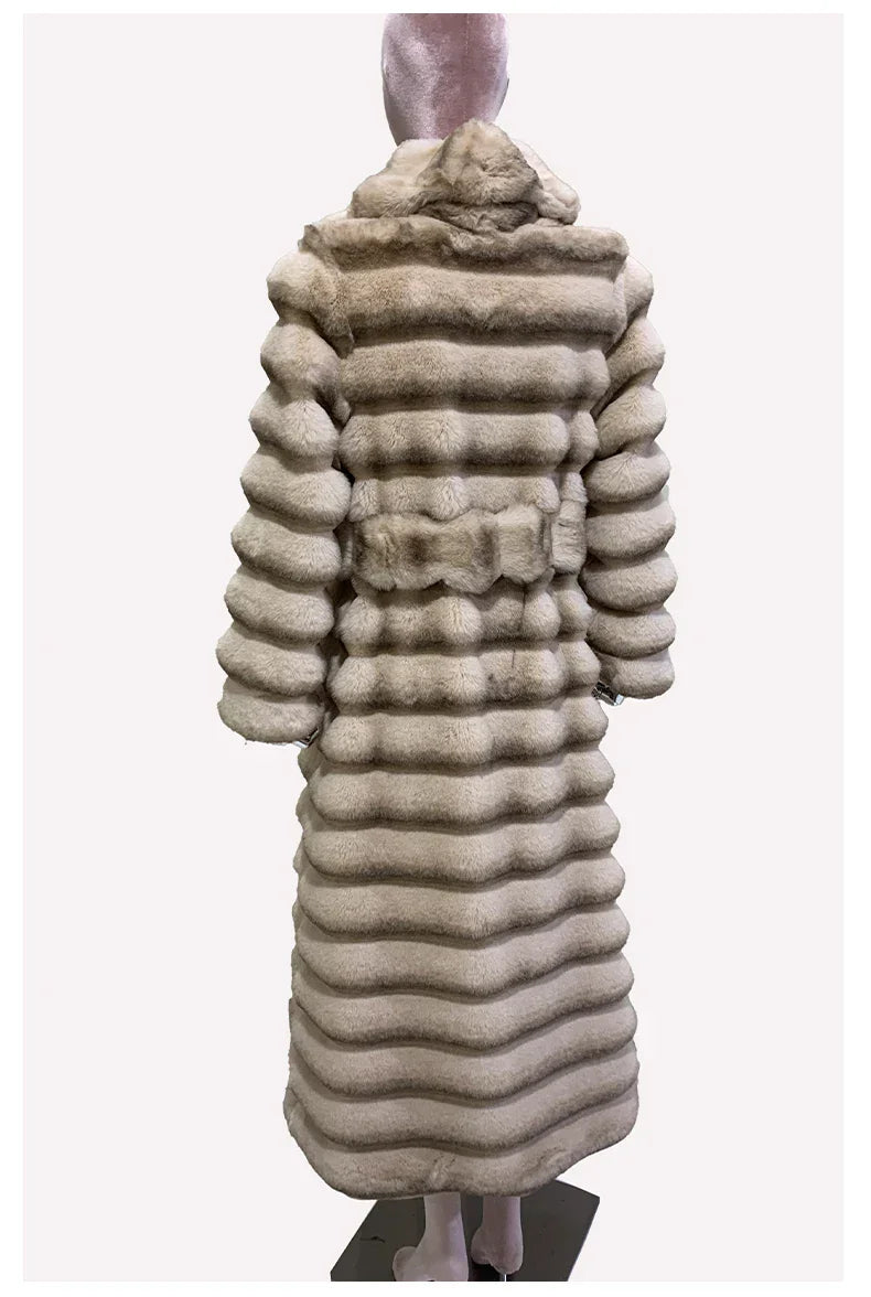 Nerazzurri Winter Long Striped Thick Warm Fluffy Faux Chinchilla Fur Coat Women Shawl Collar Elegant Chic Luxury Furry Overcoat - GONZALES ONLINE SHOP