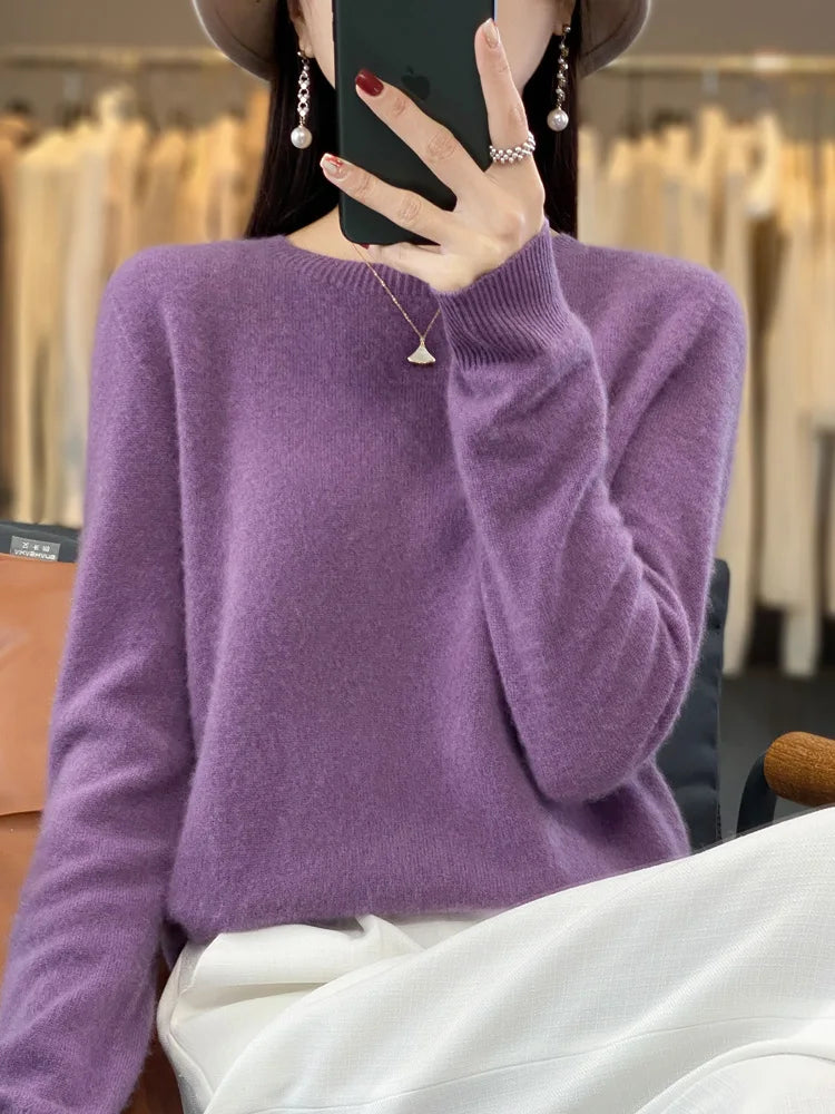 100% Merino Wool Sweater Women O-neck Cashmere Knitwear Female Pullover Autumn Winter Casual Tops Solid Color Soft Clothing GONZALES ONLINE SHOP