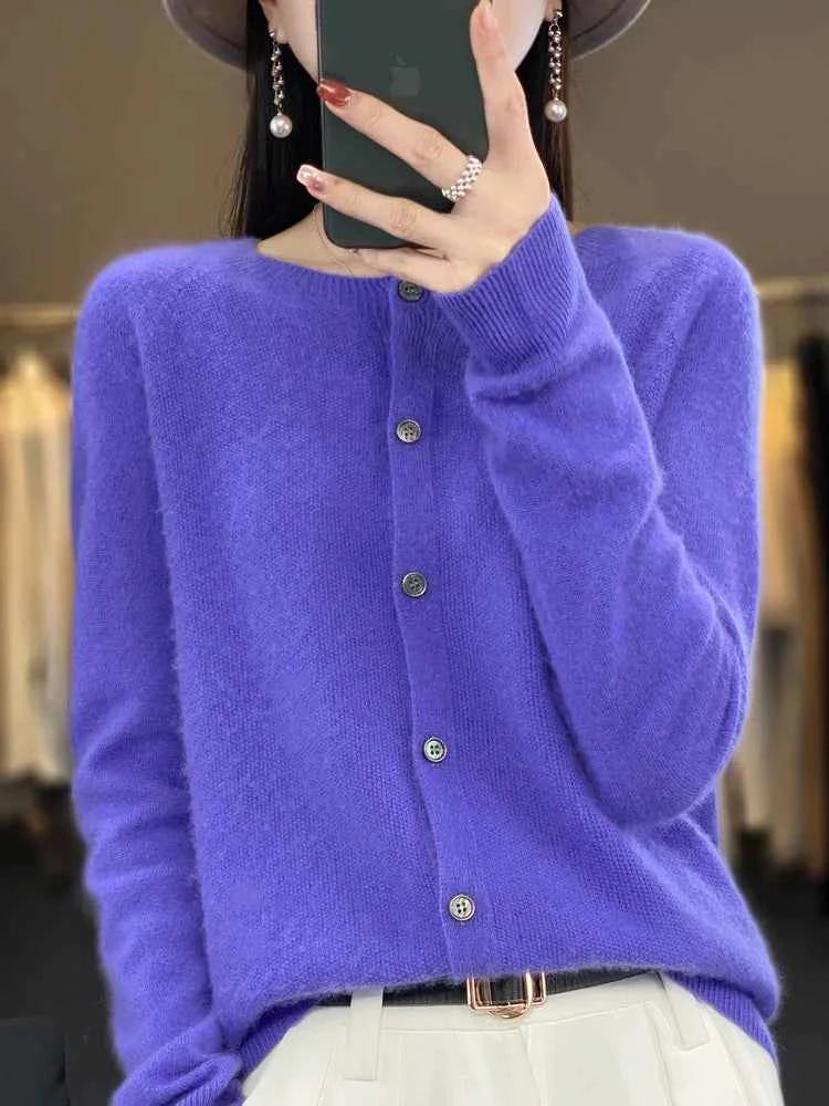 Women Cashmere Sweater 100% Merino Wool Knitted Cardigan Autumn Winter Knitwear O-Neck Female Solid Color Casual Fashion Top