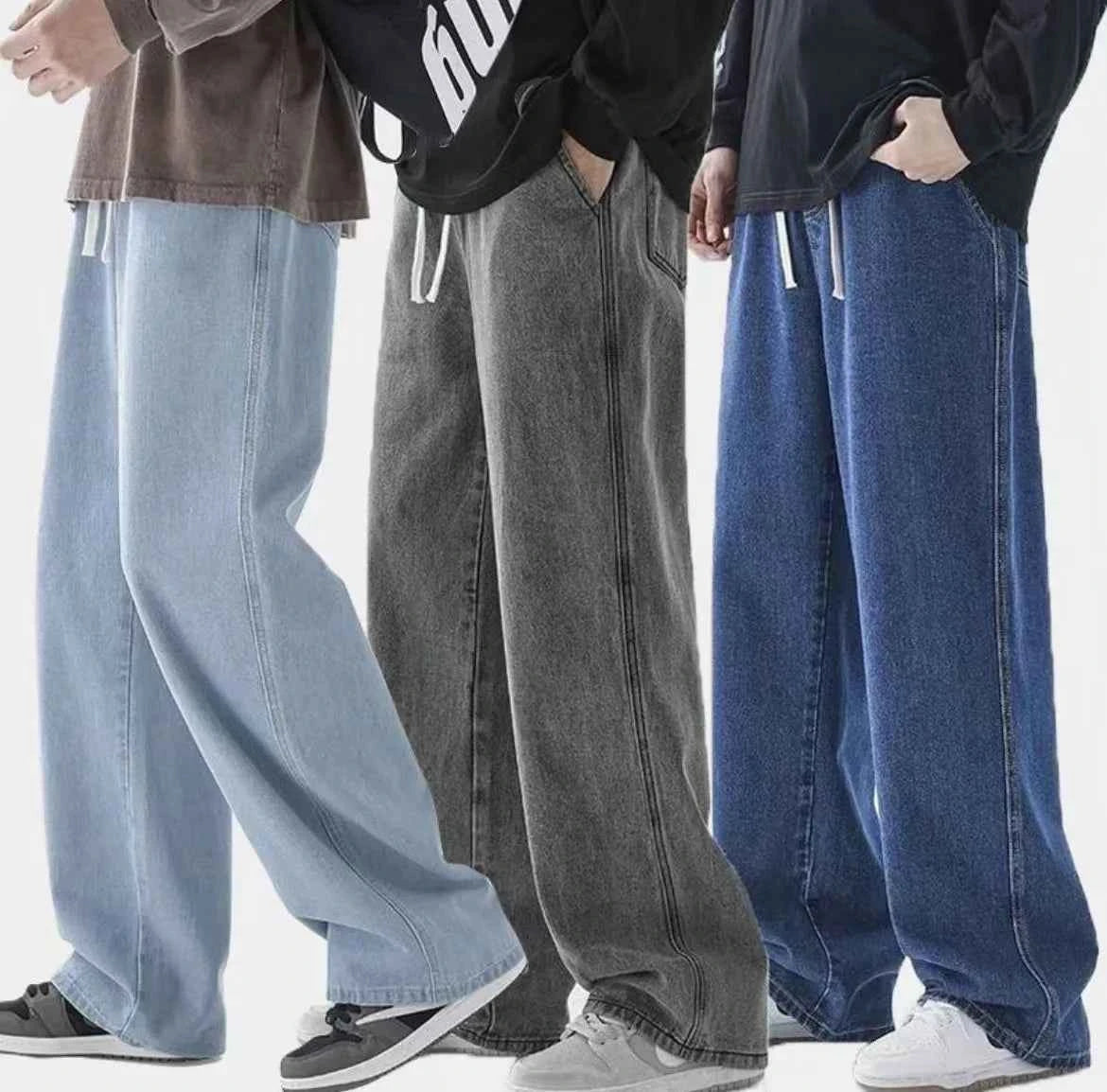 2026 Spring Drawstring Elastic Waist Men's Jeans Straight Wide Leg Loose Trend Casual Pants Pants