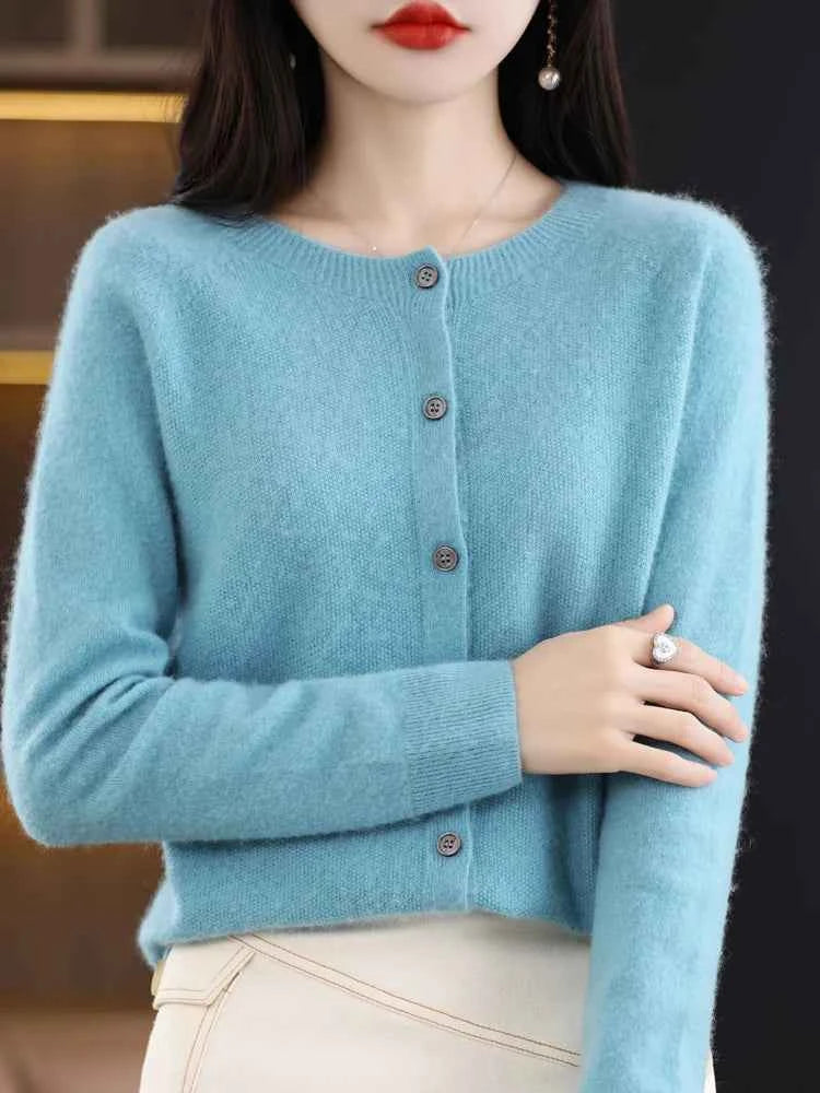 Women Cashmere Sweater 100% Merino Wool Knitted Cardigan Autumn Winter Knitwear O-Neck Female Solid Color Casual Fashion Top