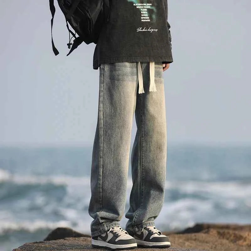 Men's summer loose straight leg pants with elastic drawstring, casual jeans, comfortable, fashionable and trendy jeans