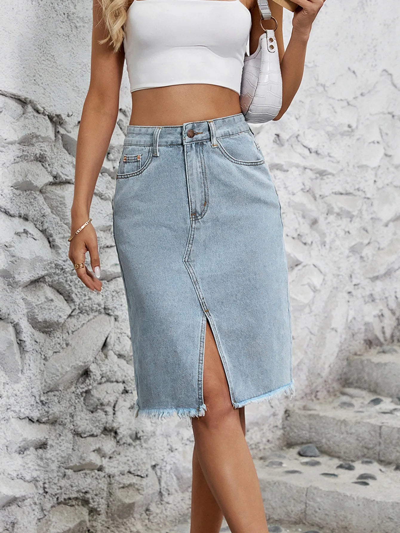 Women Slit Denim Half Skirt Hand Frayed Tassel Raw Edge Skirt Vintage Retro Korean Jean Long Office Lady Slim Fit High Waisted GONZALES ONLINE SHOP