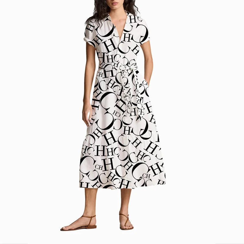 New Women Dress Summer Commuter Versatile High End Female Elegant Dress Letter Thin Band Design Office Ladies Classic Dresses GONZALES ONLINE SHOP