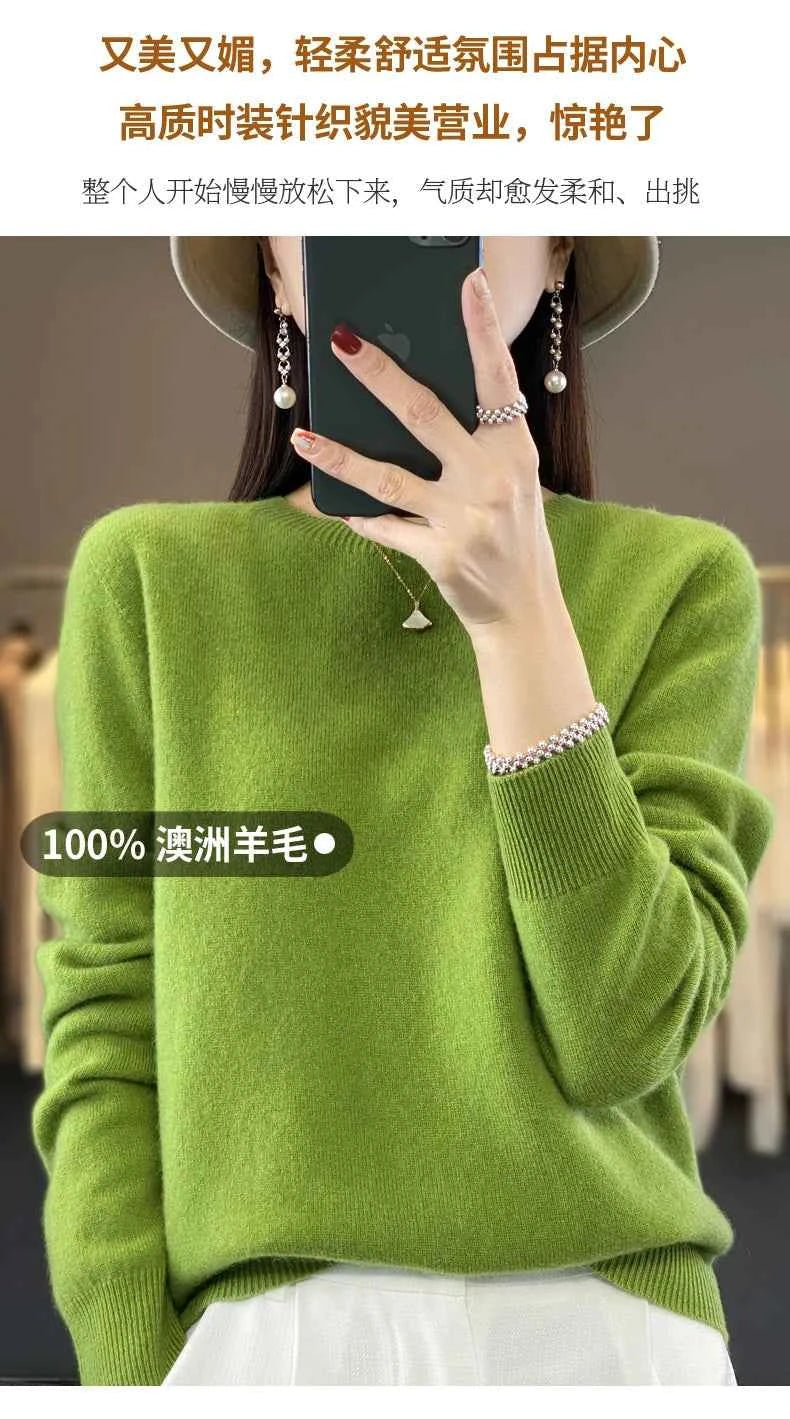 100% Merino Wool Sweater Women O-neck Cashmere Knitwear Female Pullover Autumn Winter Casual Tops Solid Color Soft Clothing
